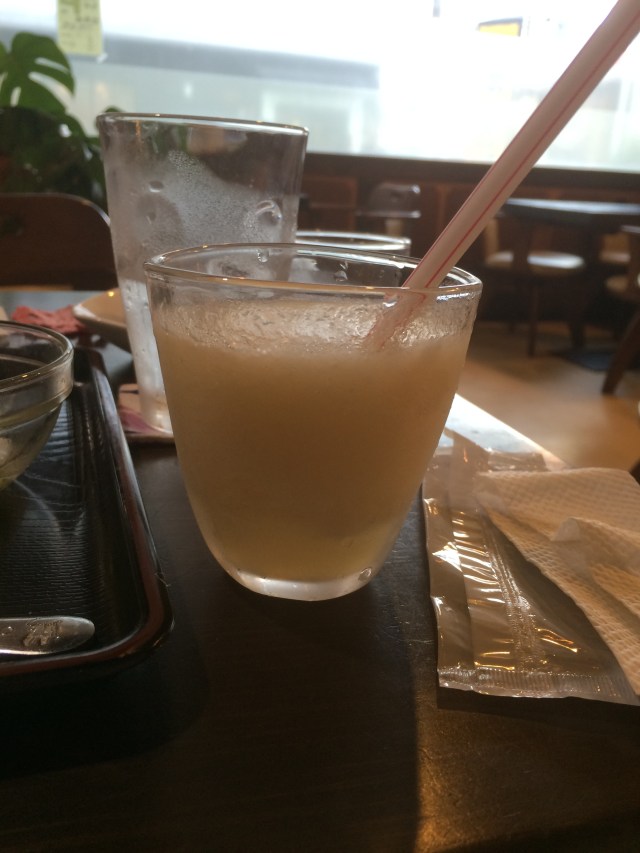 free peach juice from the wonderful owner at the curry restaurant