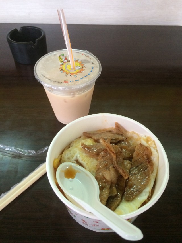 egg and beef noodles with more milk tea