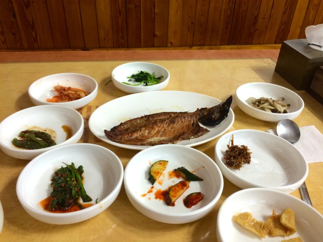salted mackerel and plenty of side dishes