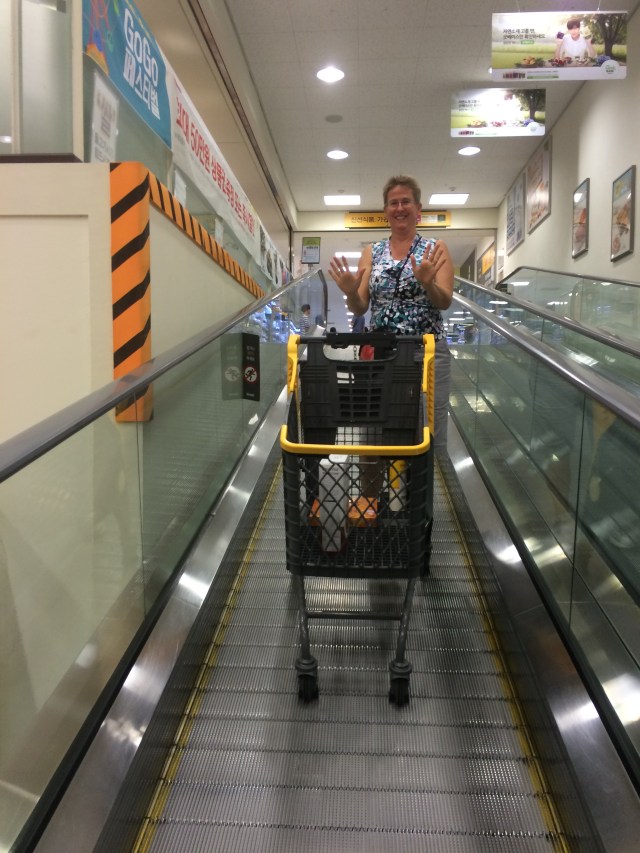 the wheels on the grocery cart stick to the escalator